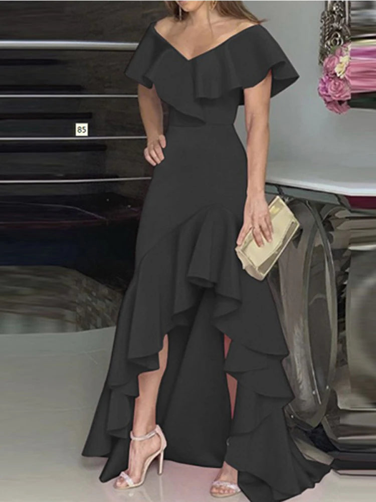 2023 Autumn New European and American Style V-Neck Long Dress with Ruffled Edge Irregular Elegant Dress Party Dress