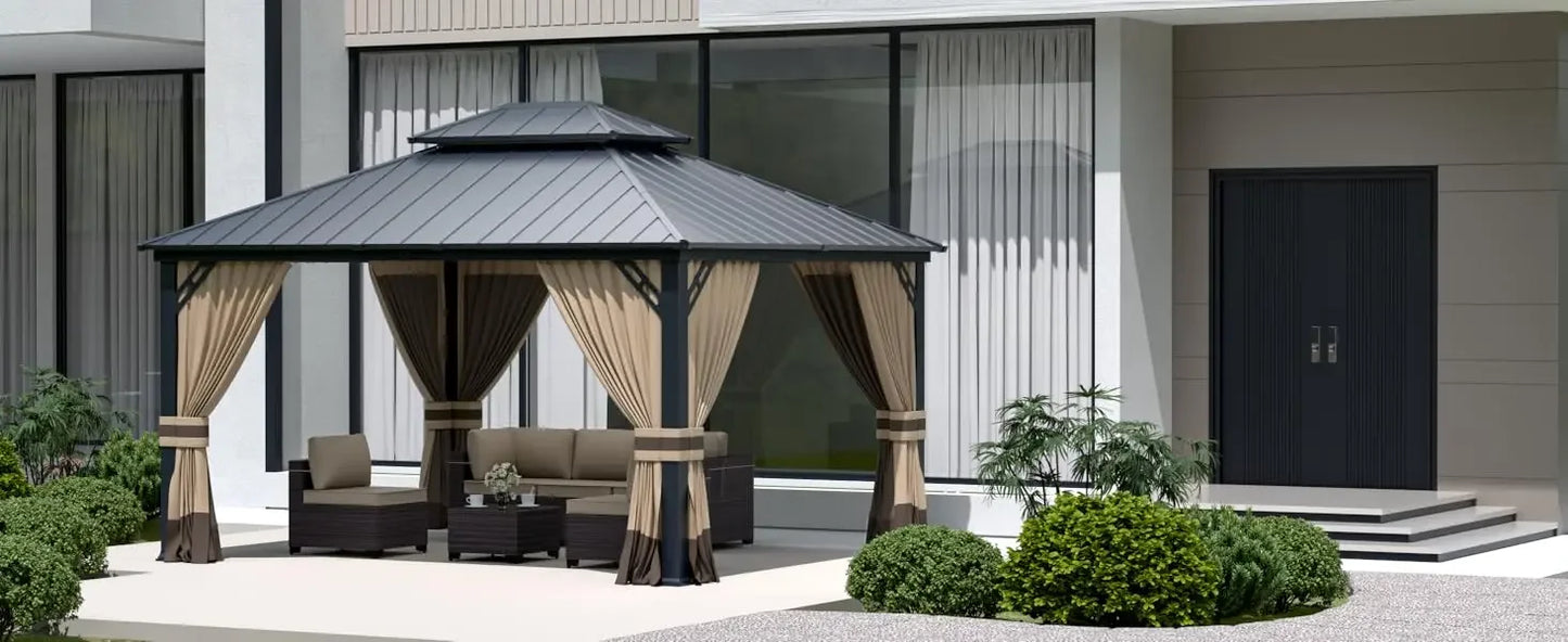 12'x14' Hardtop Gazebo: Aluminum Frame, Galvanized Steel Double Roof, Netting & Curtains, Brown, for Patio, Lawn, Backyard, Deck
