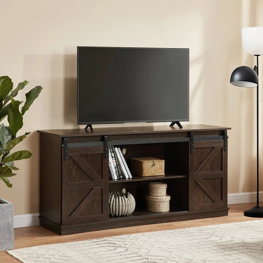58" Farmhouse TV Stand and Entertainment Center for Televisions Up To 65 Inchs,with Sliding Barn Doors and Storage Cabinets