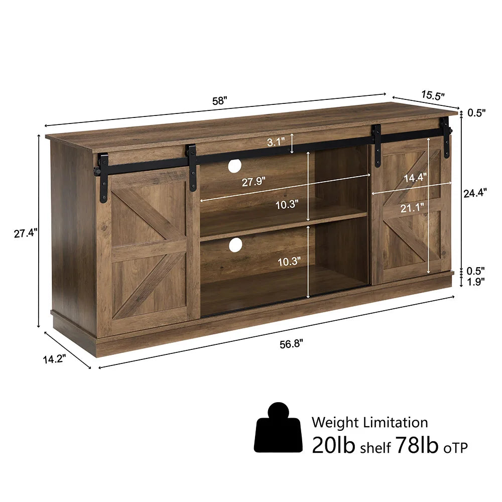 58" Farmhouse TV Stand and Entertainment Center for Televisions Up To 65 Inchs,with Sliding Barn Doors and Storage Cabinets