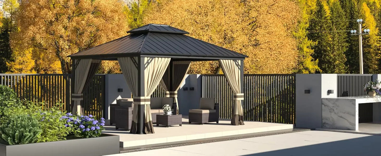 12'x14' Hardtop Gazebo: Aluminum Frame, Galvanized Steel Double Roof, Netting & Curtains, Brown, for Patio, Lawn, Backyard, Deck