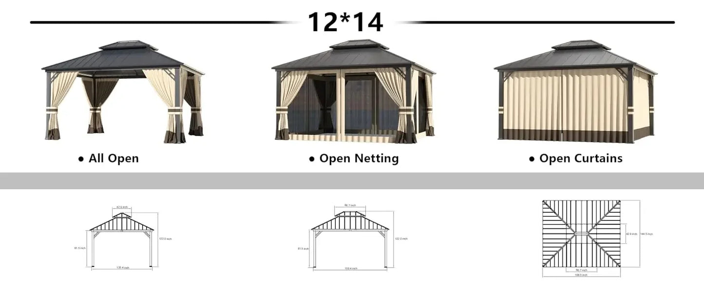 12'x14' Hardtop Gazebo: Aluminum Frame, Galvanized Steel Double Roof, Netting & Curtains, Brown, for Patio, Lawn, Backyard, Deck