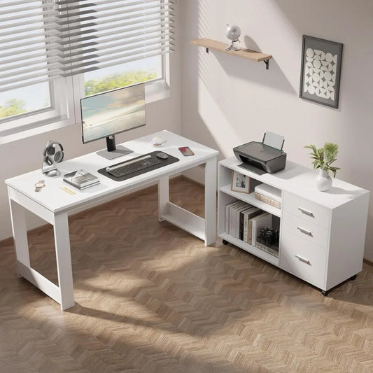 Computer Desk L Shaped, with 3 Drawers and 2 Shelves, Writing Office Table with Storage File Cabinet,with Wheels for Home Office