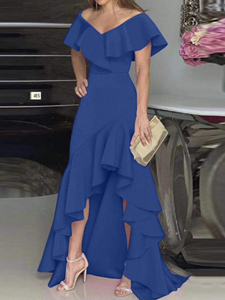 2023 Autumn New European and American Style V-Neck Long Dress with Ruffled Edge Irregular Elegant Dress Party Dress