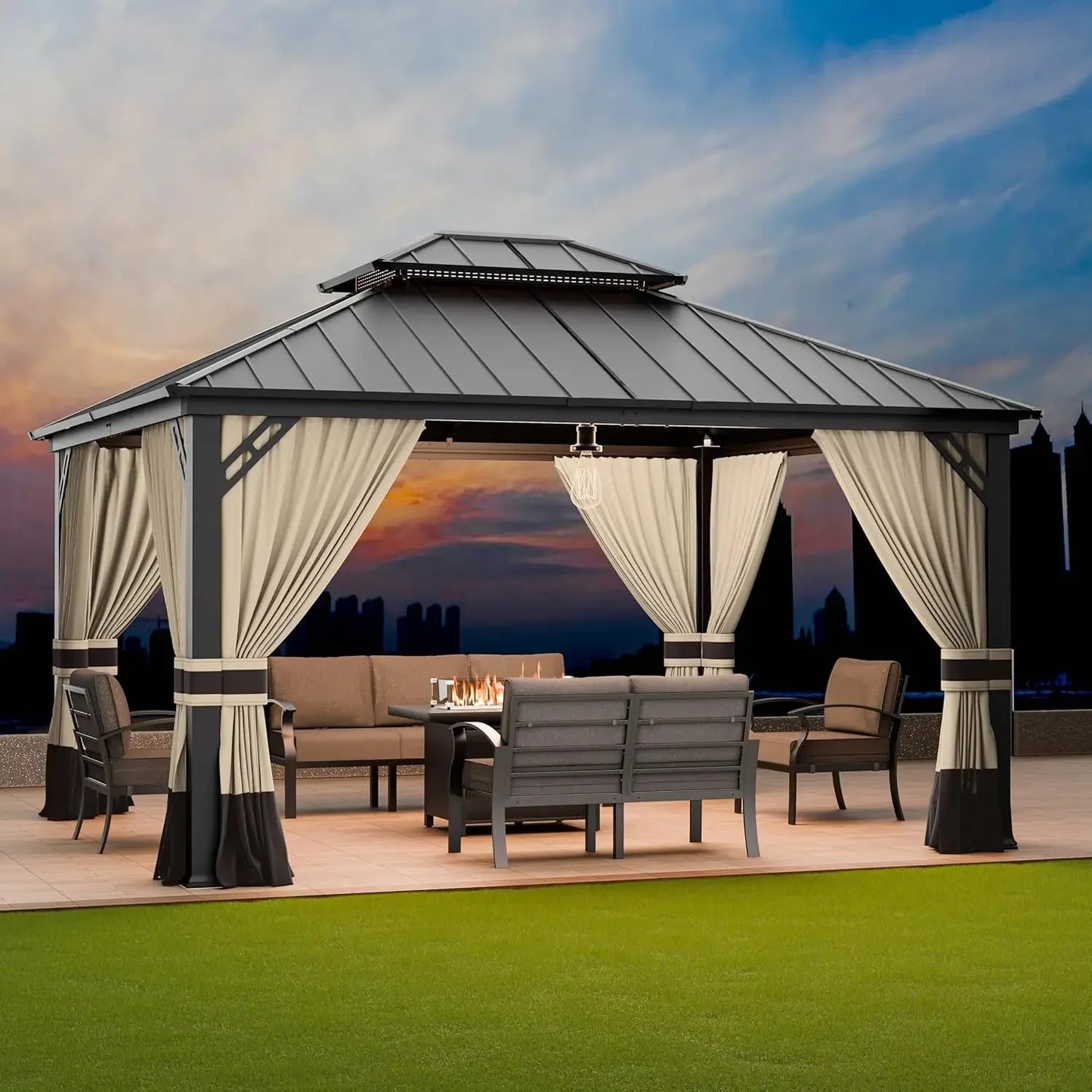 12'x14' Hardtop Gazebo: Aluminum Frame, Galvanized Steel Double Roof, Netting & Curtains, Brown, for Patio, Lawn, Backyard, Deck