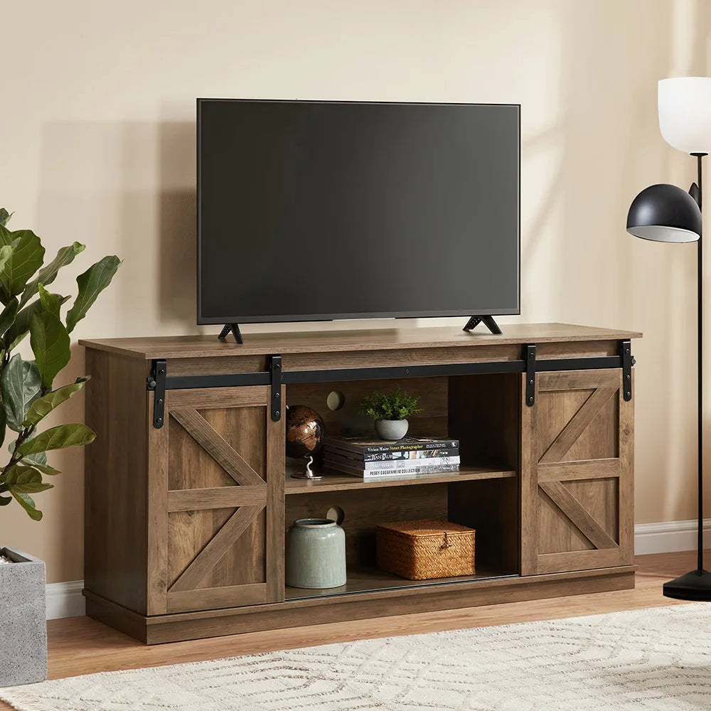 58" Farmhouse TV Stand and Entertainment Center for Televisions Up To 65 Inchs,with Sliding Barn Doors and Storage Cabinets