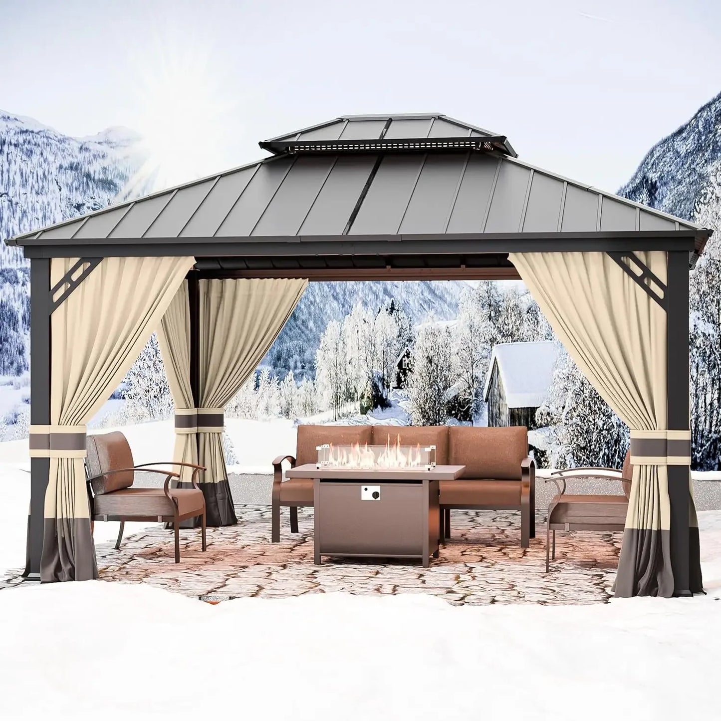12'x14' Hardtop Gazebo: Aluminum Frame, Galvanized Steel Double Roof, Netting & Curtains, Brown, for Patio, Lawn, Backyard, Deck