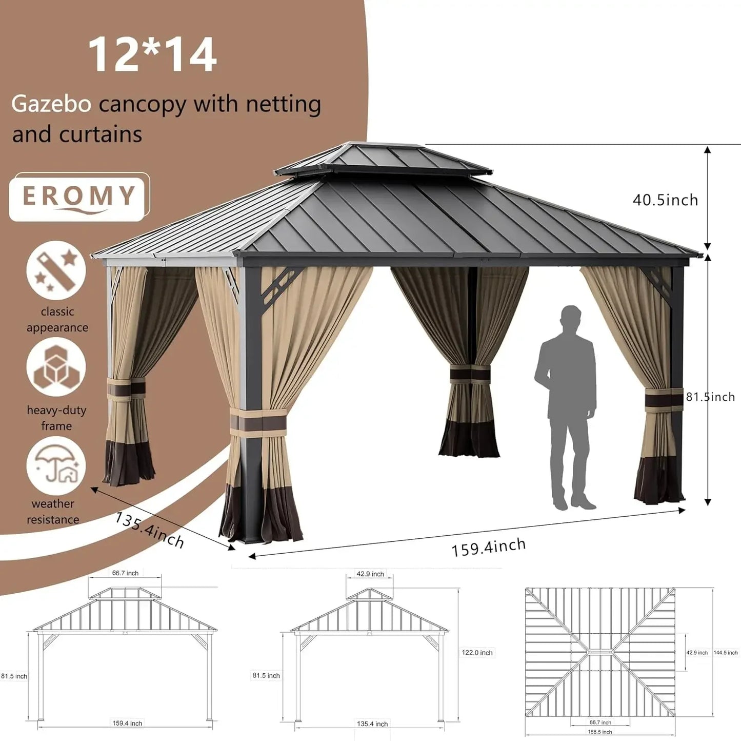 12'x14' Hardtop Gazebo: Aluminum Frame, Galvanized Steel Double Roof, Netting & Curtains, Brown, for Patio, Lawn, Backyard, Deck