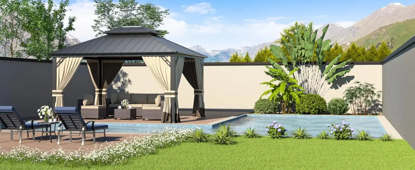 12'x14' Hardtop Gazebo: Aluminum Frame, Galvanized Steel Double Roof, Netting & Curtains, Brown, for Patio, Lawn, Backyard, Deck