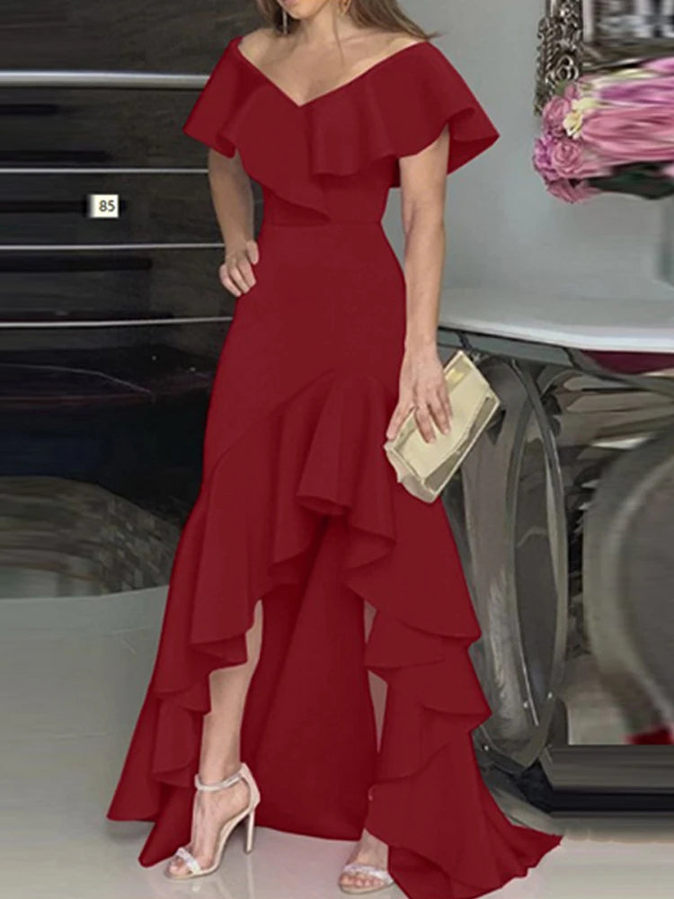 2023 Autumn New European and American Style V-Neck Long Dress with Ruffled Edge Irregular Elegant Dress Party Dress