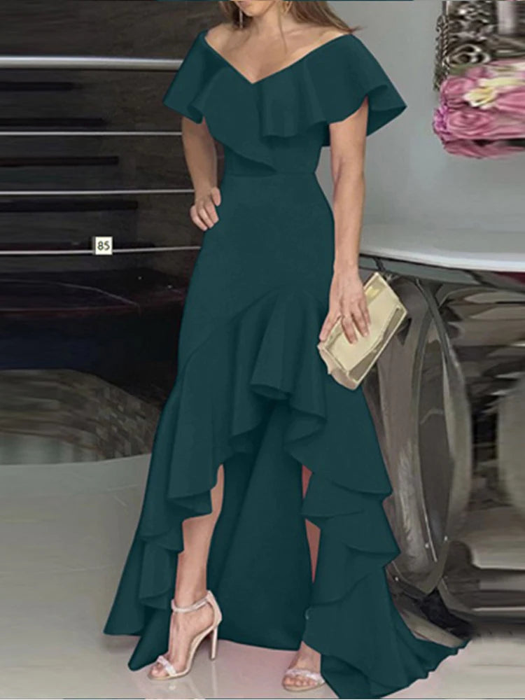 2023 Autumn New European and American Style V-Neck Long Dress with Ruffled Edge Irregular Elegant Dress Party Dress