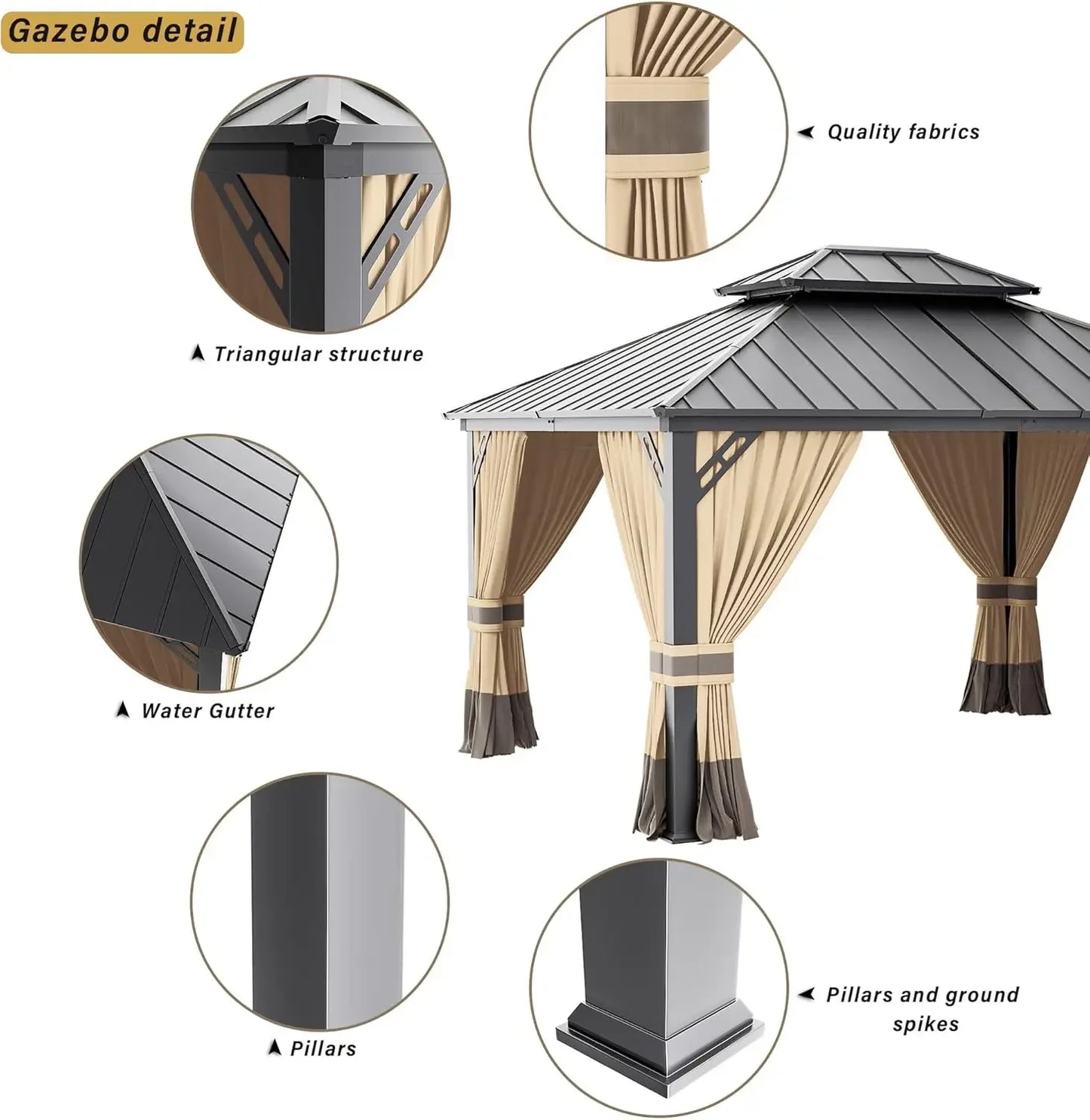 12'x14' Hardtop Gazebo: Aluminum Frame, Galvanized Steel Double Roof, Netting & Curtains, Brown, for Patio, Lawn, Backyard, Deck