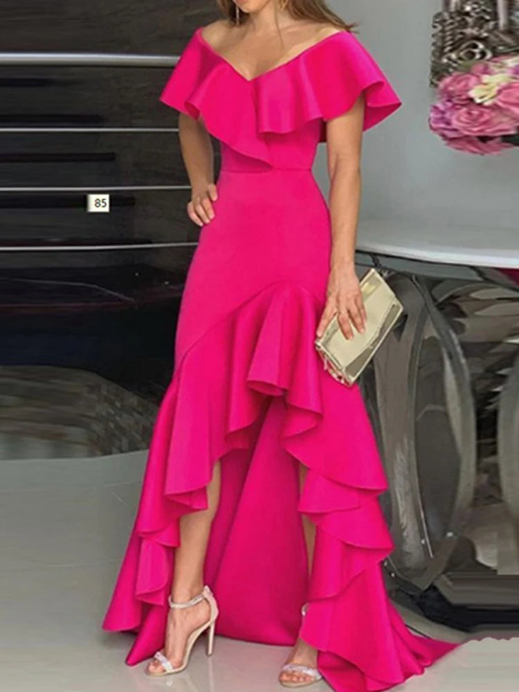 2023 Autumn New European and American Style V-Neck Long Dress with Ruffled Edge Irregular Elegant Dress Party Dress