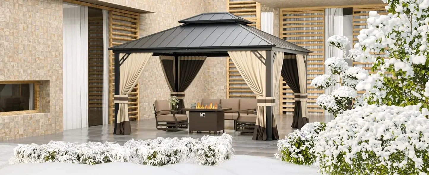12'x14' Hardtop Gazebo: Aluminum Frame, Galvanized Steel Double Roof, Netting & Curtains, Brown, for Patio, Lawn, Backyard, Deck