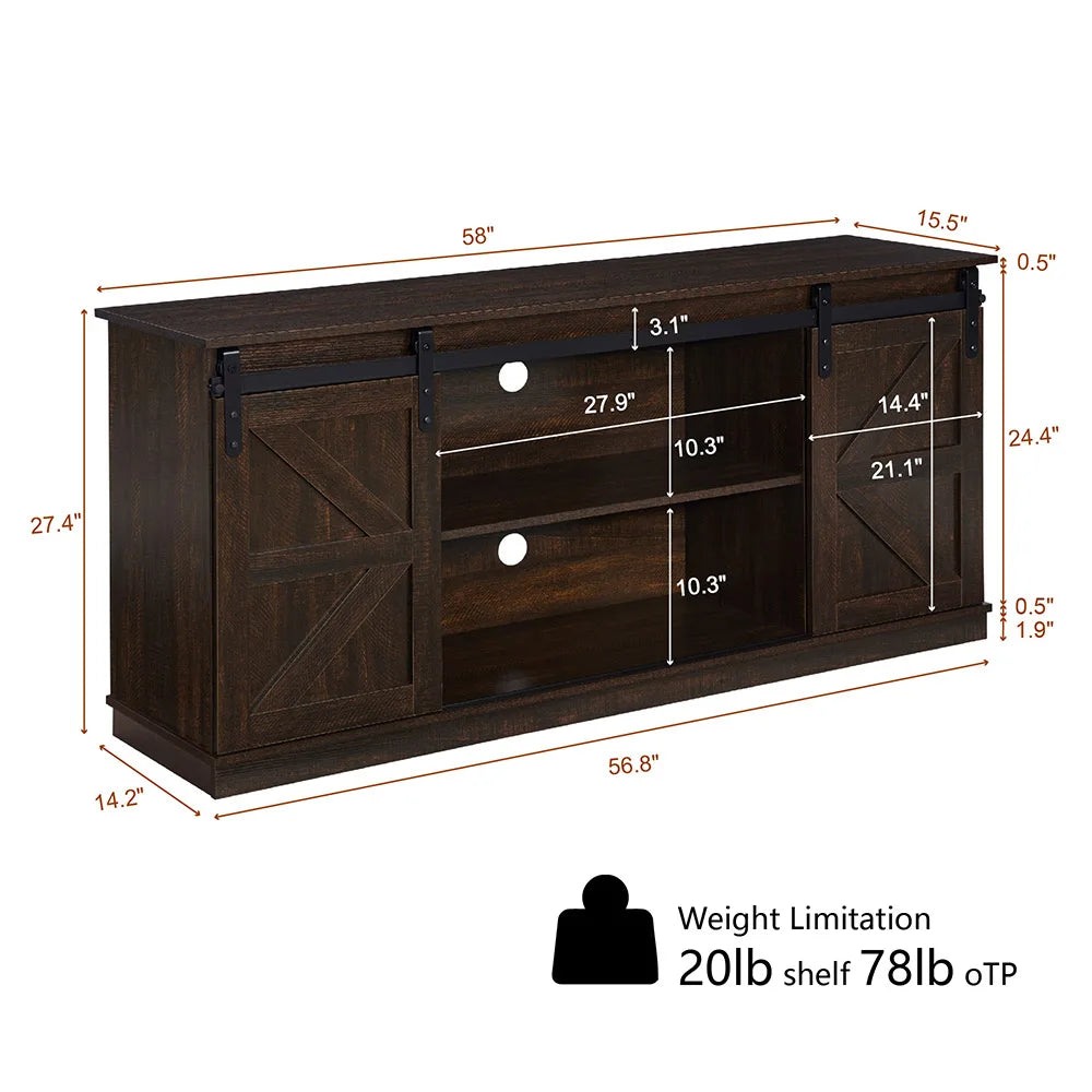 58" Farmhouse TV Stand and Entertainment Center for Televisions Up To 65 Inchs,with Sliding Barn Doors and Storage Cabinets
