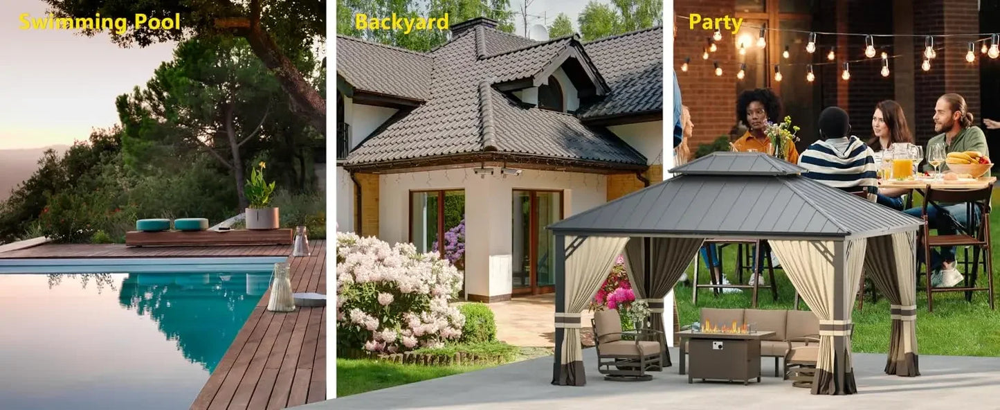12'x14' Hardtop Gazebo: Aluminum Frame, Galvanized Steel Double Roof, Netting & Curtains, Brown, for Patio, Lawn, Backyard, Deck