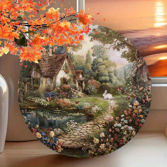 Charming Rabbit Cottage Garden Aluminum Metal Sign - Vintage 8x8" Rust-Resistant Wall Art for Home, Cafe & Outdoor Decor